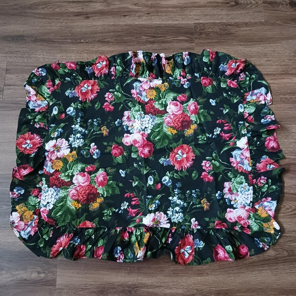 Ralph Lauren Vintage Floral Ruffle Pillow Sham Black Isadora Cottagecore USA